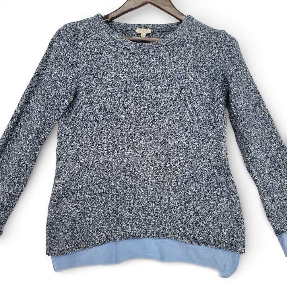 Talbots Petites P‎ Sweater Blue Knit Chambray Trim Cotton Layered Look EUC